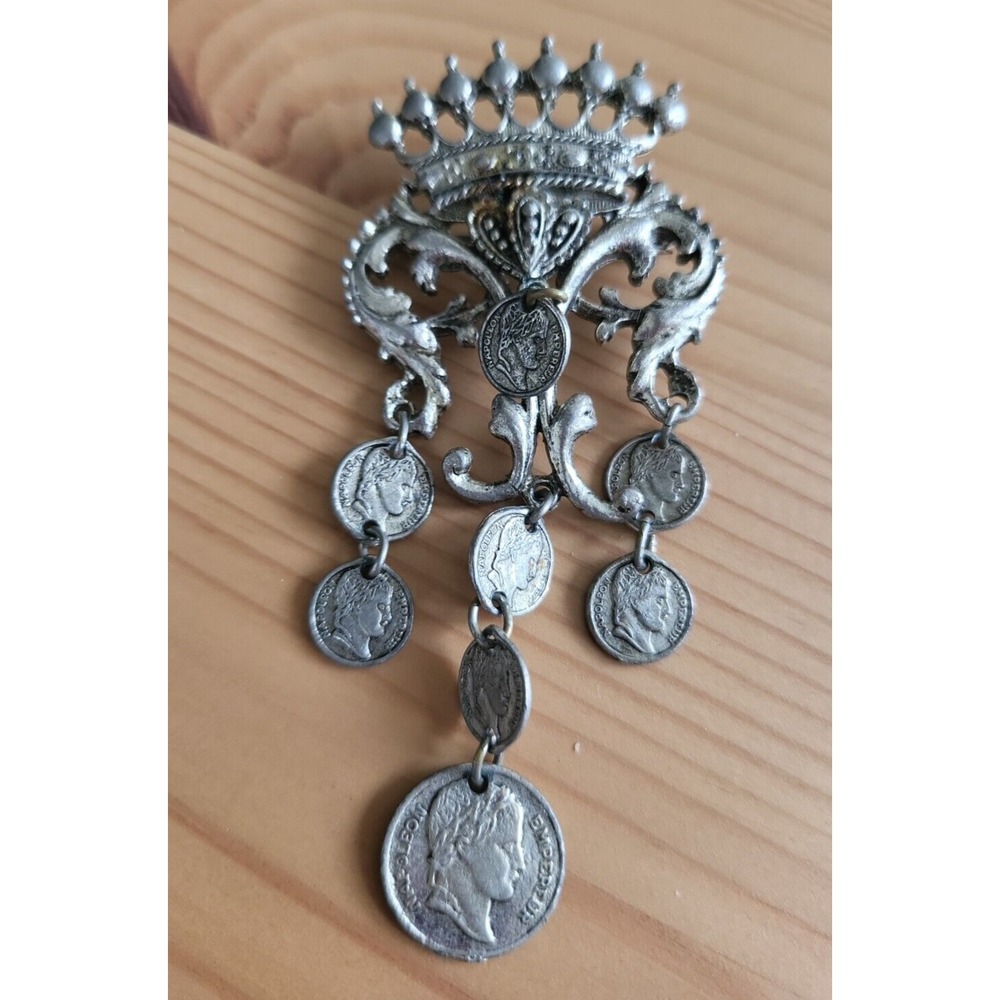 Vintage ART Silver Tone  Crown Dangling Coins Napoleon  Medallions Ornate Brooch